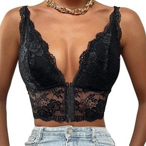 Women's Lace Deep V Neck Sleeveless Sexy Crop Tank Tops Undershirt